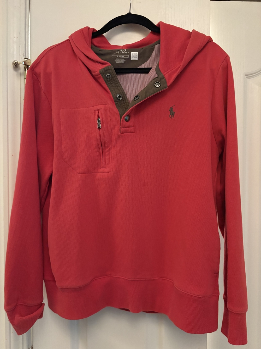 Polo by Ralph Lauren Red Hooded Pullover with Chest Zip Pocket Clean Cotton Look
